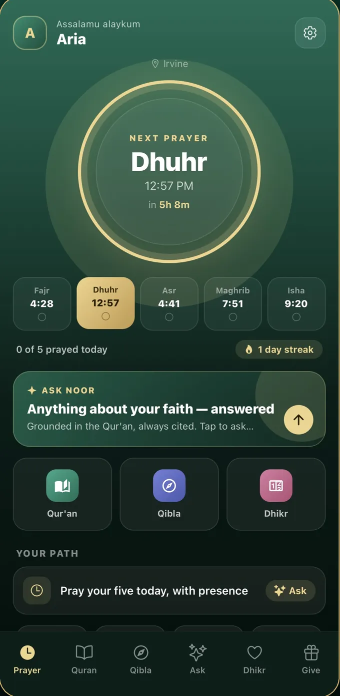Noor home screen with prayer times